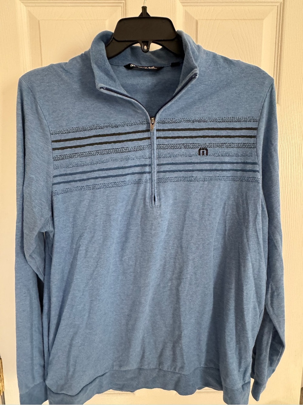 Travis Mathew Blue Heather Quarter-Zip Pullover with Stripe Accents